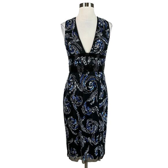 Aidan Mattox Women's Cocktail Dress Size 8 Black Beaded Deep V-Neck Midi Sheath - Picture 1 of 14